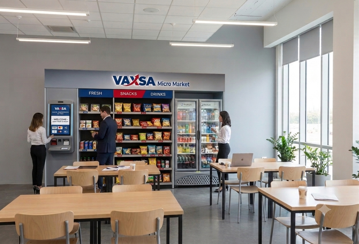 Micro Market VAXSA Vending instalado en corporativo de Monterrey - anaqueles, refrigerador y terminal de autopago